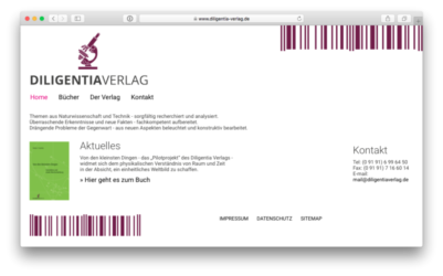<a href="http://www.diligentia-verlag.de" target="_blank">www.diligentia-verlag.de</a><br />Diligentia Verlag <br />Gemeinschaftsproduktion mit Beate Kaspar von <a href="http://www.bitterwolf-kaspar.de" target="_blank">www.bitterwolf-kaspar.de</a> <br />Oktober  2017 - Technologie: netissimoCMS responsive (15/77)