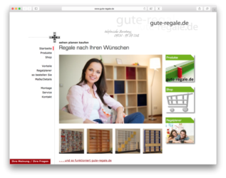 <b><a href='http://www.gute-regale.de' target='_blank'>www.gute-regale.de</a></b><br />
<p>Wir sind sehr begeistert und würden netissimo für ein weiteres Projekt sofort wieder beauftragen.<br />
Man kann die Zufriedenheit mit einem webmaster eigentlich nicht direkt nach der Erstellung der website bewerten.
Extrem wichtig ist, wie gut die Unterstützung im Anschluß an die Erstellung der website ist. Absolut top.
Die Reaktionszeiten bei irgendwelchen Problemen sind extrem kurz (fast immer unter 1h - sogar am WE!!).<br />
Wir hatten einige Änderungen im Laufe des Projektes - das lief alles sehr effizient und schnell und vor allem auch günstig. Keine Abkassiererei im Nachhinein bei Anpassungen. <br />
Eine uneingeschränkte Empfehlung von www.gute-regale.de</p> (8/8)