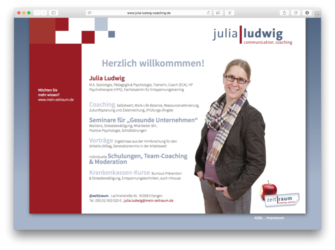 <a href='http://www.julia-ludwig-coaching.de' target='_blank'>www.julia-ludwig-coaching.de</a><br />Julia Ludwig - Communication. Coaching - Webvisitenkarte<br />Gemeinschaftsproduktion mit Sabine Perlinger von <a href='http://www.pool-x.de' target='_blank'>www.pool-x.de</a><br />September 2015 - Technologie: HTML responsive (41/77)